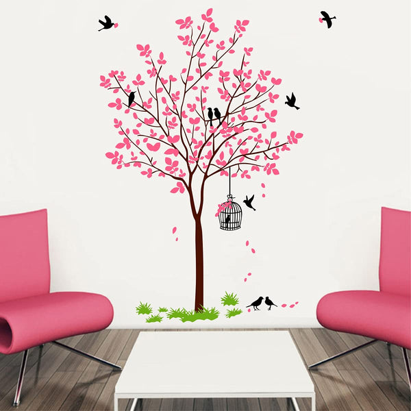 Vinyl Tree with Birds and Nest Botanical Wall Stickers (Pink, 120X90cm), Self-Adhesive