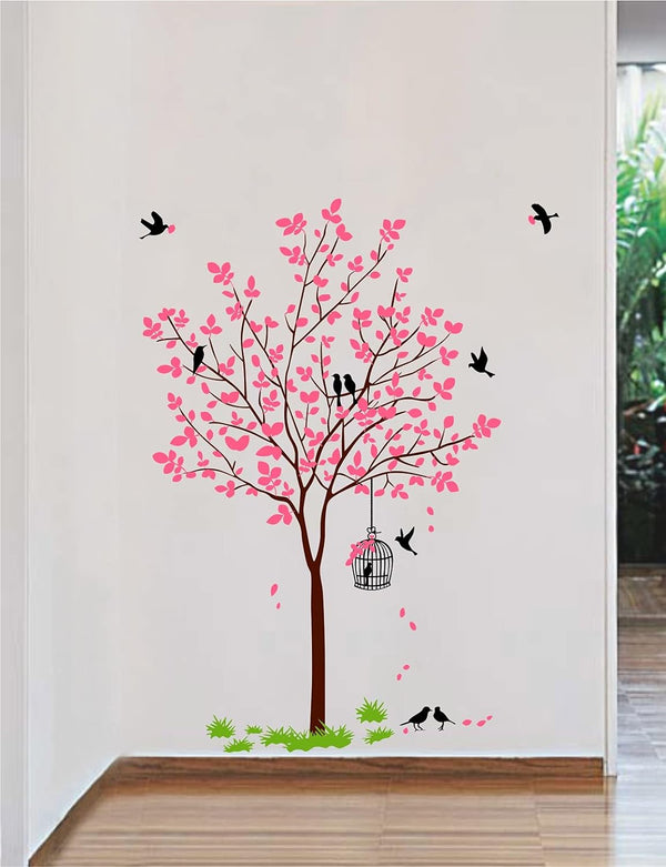 Vinyl Tree with Birds and Nest Botanical Wall Stickers (Pink, 120X90cm), Self-Adhesive