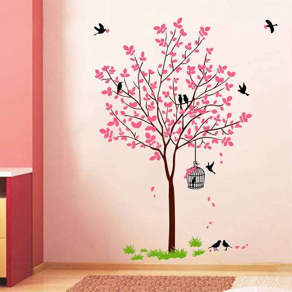 Vinyl Tree with Birds and Nest Botanical Wall Stickers (Pink, 120X90cm), Self-Adhesive