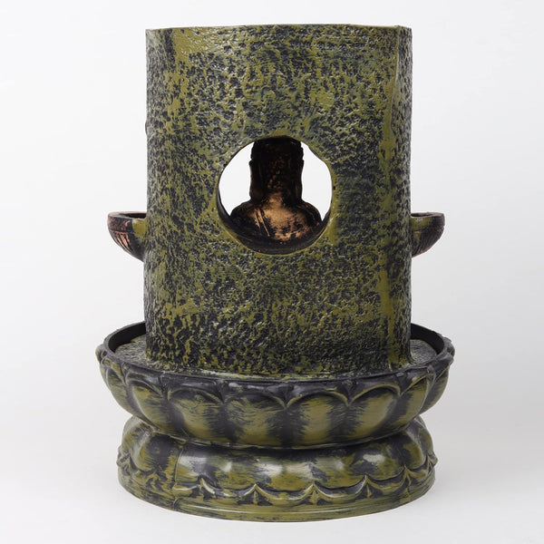 A resin table-top fountain featuring a statue of Lord Buddha, with water flowing around or from the statue.