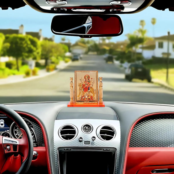 Handmade gold-plated photo frame featuring Maa Durga, crafted from durable wood, perfect for altars and home decor, symbolizing devotion and elegance.