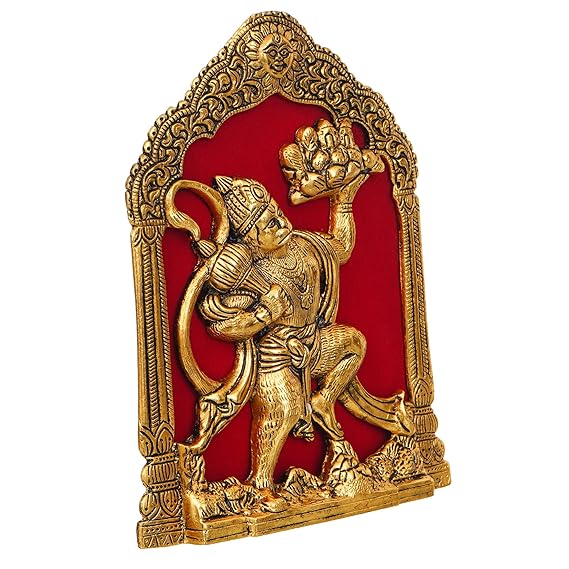 Handmade Lord Hanuman idol in gold tone, symbolizing strength and devotion, ideal for home, office, or altar.