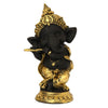 Handmade Golden and Black Polyresin Ganesha idol playing flute, intricately detailed, symbolizing wisdom and prosperity, ideal for home decor and altars.