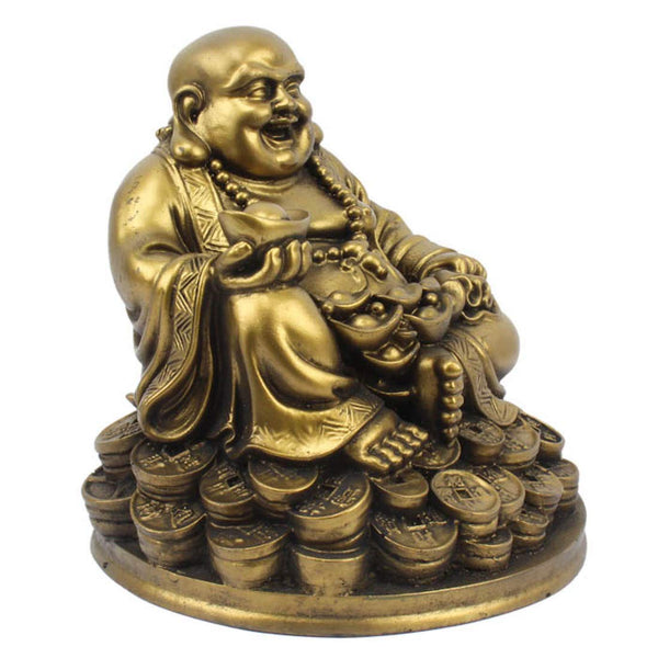 Exquisite golden Laughing Buddha figurine symbolizing wealth and happiness, ideal for home or office decor