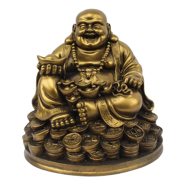 Exquisite golden Laughing Buddha figurine symbolizing wealth and happiness, ideal for home or office decor