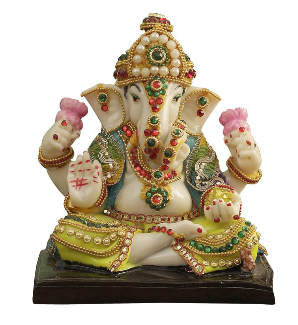 Handmade polyresin Ganesh idol showcasing intricate details and vibrant colors, symbolizing joy and prosperity. Perfect for home decor or altars."