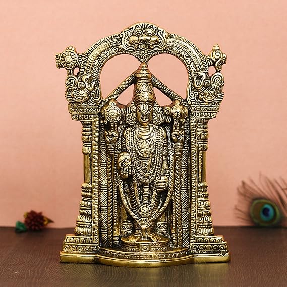 Handmade Lord Balaji idol in radiant golden finish, crafted from metal, featuring intricate details, perfect for home decor or altar