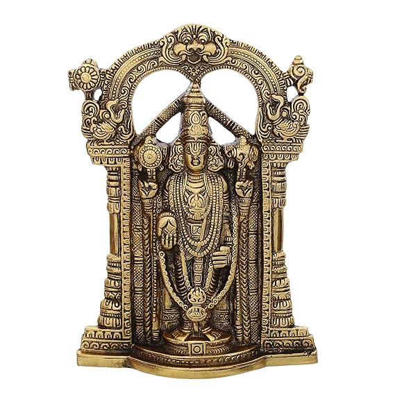 Handmade Lord Balaji idol in radiant golden finish, crafted from metal, featuring intricate details, perfect for home decor or altar