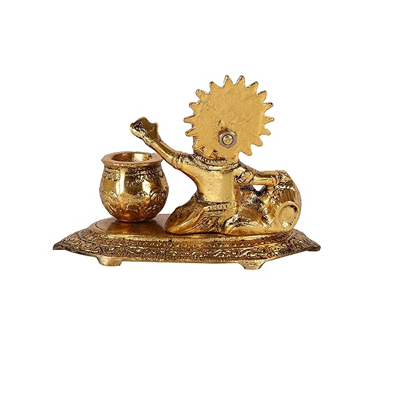 Handmade Lord Krishna idol made from aluminum with a shiny finish, featuring intricate details, perfect for home, office, or altar decor.