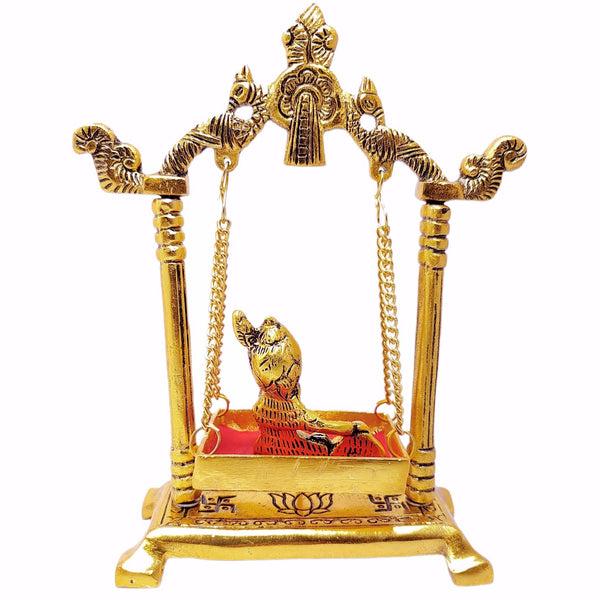 Handcrafted Krishna Jhula statue made of aluminum with golden accents, measuring 13.5L x 6.5W x 19.5H cm, symbolizing joy and devotion