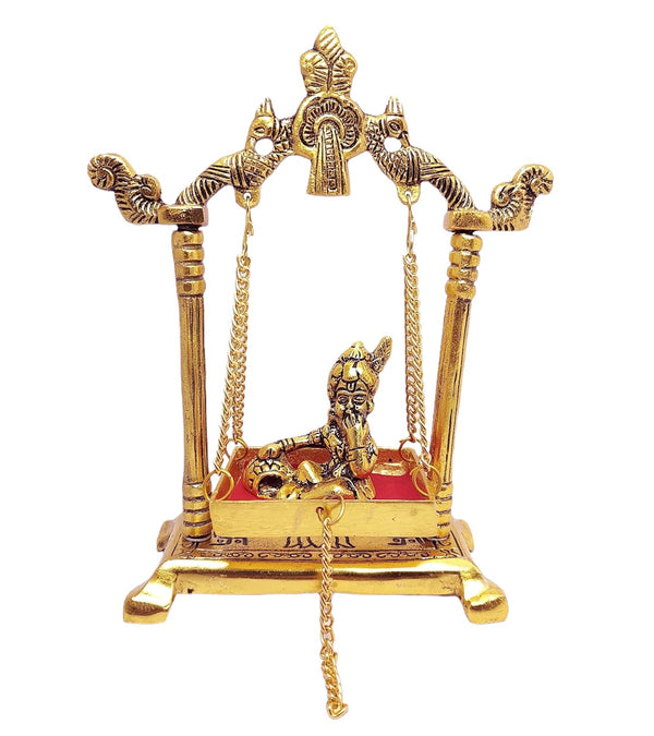 Handcrafted Krishna Jhula statue made of aluminum with golden accents, measuring 13.5L x 6.5W x 19.5H cm, symbolizing joy and devotion.