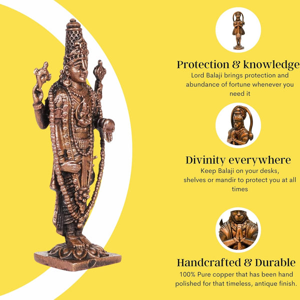 Handcrafted copper statue of Lord Balaji, showcasing intricate details and divine presence, ideal for home decor and spiritual practices.