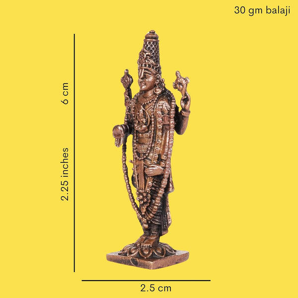 Handcrafted copper statue of Lord Balaji, showcasing intricate details and divine presence, ideal for home decor and spiritual practices.