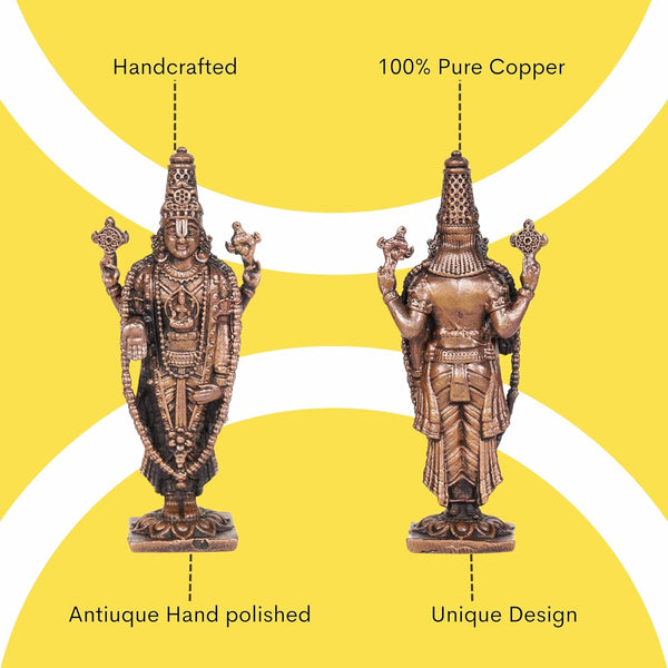 Handcrafted copper statue of Lord Balaji, showcasing intricate details and divine presence, ideal for home decor and spiritual practices.