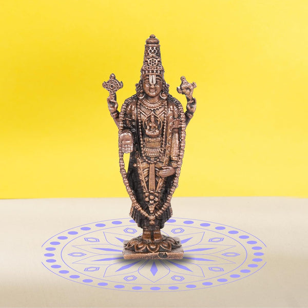 Handcrafted copper statue of Lord Balaji, showcasing intricate details and divine presence, ideal for home decor and spiritual practices.