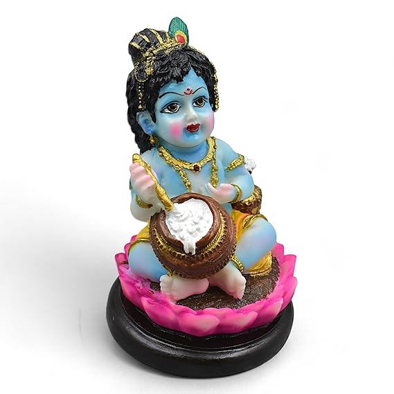 Handmade Lord Krishna Makhan Chor idol, crafted from high-quality resin, featuring vibrant colors and intricate detailing, capturing Krishna's playful charm