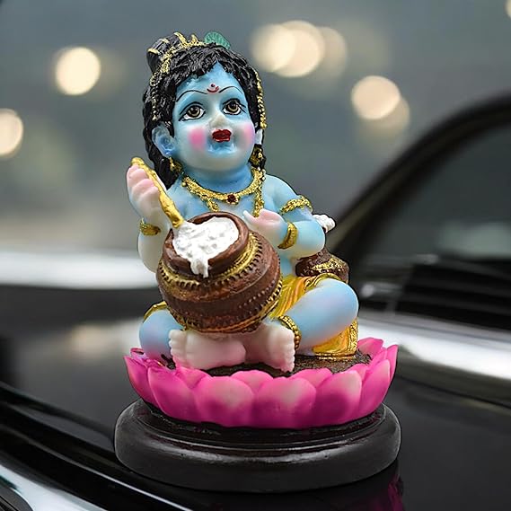 Handmade Lord Krishna Makhan Chor idol, crafted from high-quality resin, featuring vibrant colors and intricate detailing, capturing Krishna's playful charm