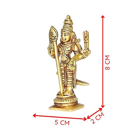 Handmade Lord Murugan mini idol in brass, featuring intricate details and an antique finish, ideal for home decor, offices, or puja rooms.
