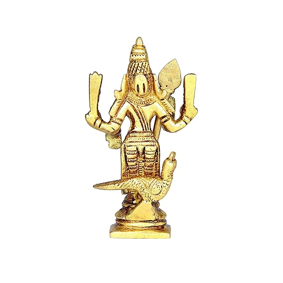 Handmade Lord Murugan mini idol in brass, featuring intricate details and an antique finish, ideal for home decor, offices, or puja rooms.