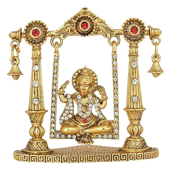 Handmade Lord Hanuman metal statue on a jhula, featuring intricate detailing and a portable design, ideal for spiritual decor.