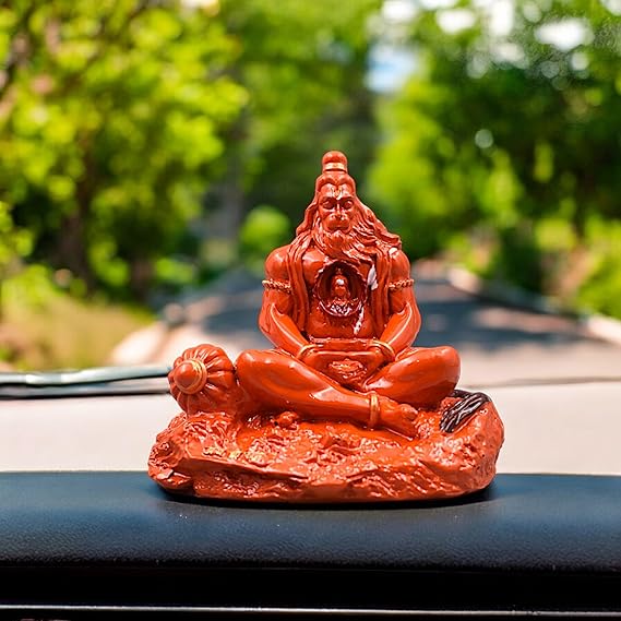 Handmade resin idol of Lord Hanuman Ji, featuring intricate design with Lord Ram Ji enshrined, perfect for car dashboards or home altars.