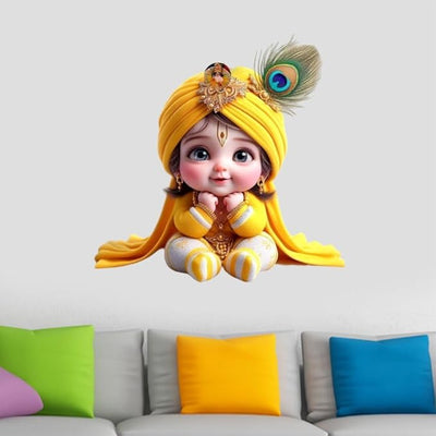 3D Baby Krishna wall sticker showcasing the beloved Hindu deity in traditional attire, featuring vibrant colors and intricate details.