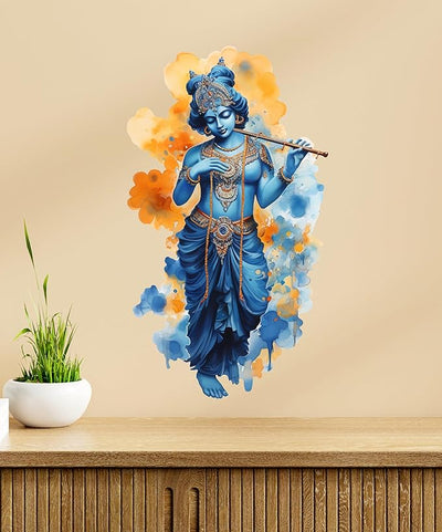 3D Lord Krishna wall sticker showcasing vibrant colors and intricate details, ideal for adding spirituality and elegance to any living space.