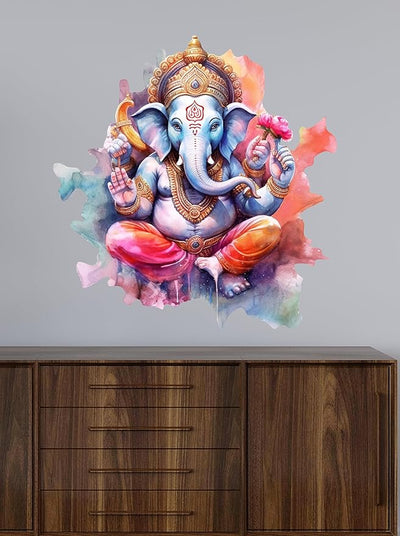 3D Lord Ganesha wall sticker, measuring 59L x 1W x 61H cm, made from durable PVC vinyl, perfect for adding spirituality to your home decor.