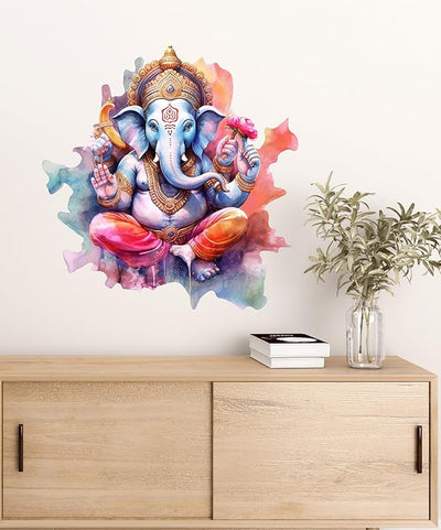 3D Lord Ganesha wall sticker, measuring 59L x 1W x 61H cm, made from durable PVC vinyl, perfect for adding spirituality to your home decor.