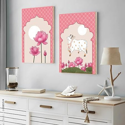 Indian Ethnic Traditional Cow and Lotus Print Self-Adhesive Wall Stickers Wall Decor Removable Waterproof Wall Art Decor for Bedroom, Living Room, Offices, Home