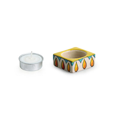 Ceramic Tea Light Candle Holder for Home Decoration - Set of 4, Yellow & White