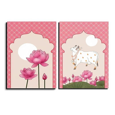 Indian Ethnic Traditional Cow and Lotus Print Self-Adhesive Wall Stickers Wall Decor Removable Waterproof Wall Art Decor for Bedroom, Living Room, Offices, Home