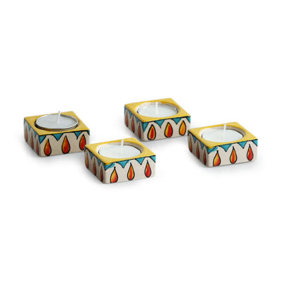Ceramic Tea Light Candle Holder for Home Decoration - Set of 4, Yellow & White