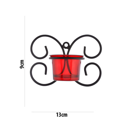 Set of 1 Wall Hanging Tealight Candle Holder Metal Wall Sconce with Glass Cups - Decorations Items for Home Wall Decor - Butterfly Red