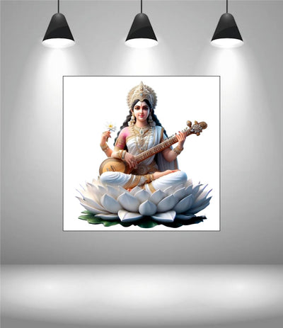 Maa Saraswati God Wall Sticker for Pooja Room, Livingroom, Bedroom, Office, Kidsroom (Size - 45 CM x 45 CM) (Desg_0105)