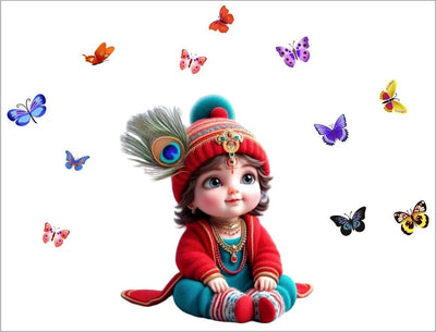 Cute Little Krishna Baby Krishna Lord Krishna God Krishna with Butterfly Wall Sticker Kids Room Living Room Bedroom Size - 92 x 70 cm Pack of