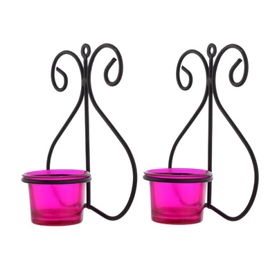 Set of 1 Wall Hanging Tealight Candle Holder Metal Wall Sconce with Glass Cups - Heart Pink