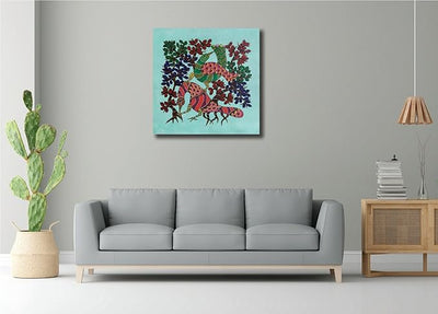 Canvas Print Digital- Beautiful Peacock Gond Art - For Your Beautiful Space - Painting Suitable Size 12X12 inches ½ inch Additional Border Each Side.