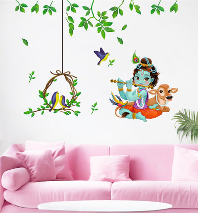 Religious God Krishna with Birds nest Combo Wall Stickers |PVC Vinyl | Multicolour