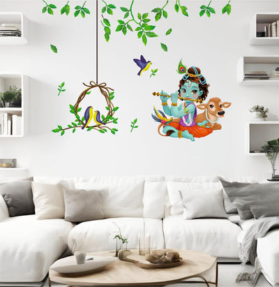 Religious God Krishna with Birds nest Combo Wall Stickers |PVC Vinyl | Multicolour