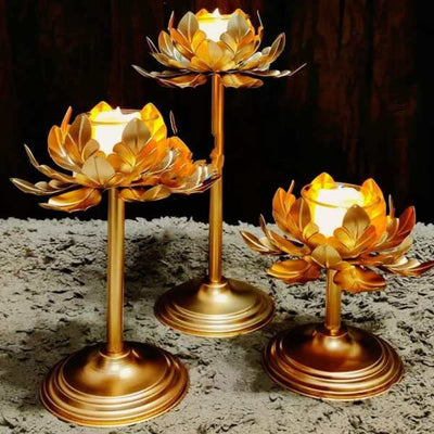 Lotus Golden Tealight Holder Stylishly Shaped Lotus Candle Stand Metal Beautiful Design Home Decoration - Set of 3 Not Include Glass