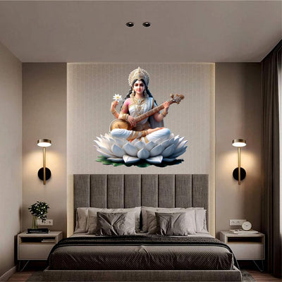 Maa Saraswati God Wall Sticker for Pooja Room, Livingroom, Bedroom, Office, Kidsroom (Size - 45 CM x 45 CM) (Desg_0105)