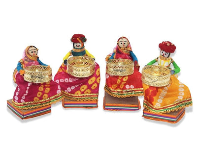 Recycled Martial Rajasthani Standing Dolls Tealight Candle Holder, Multicolor