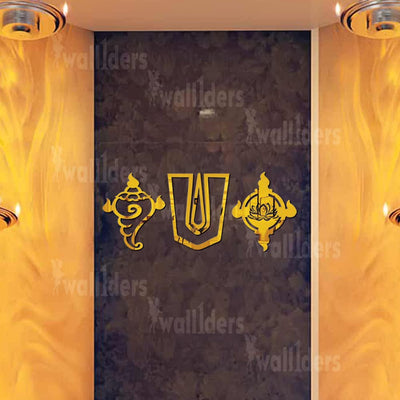 Shanku Chakra Namah (Size 41 x 17 cm) Pooja Room Sticker for Home, Festival Wall Mirror Stickers, Acrylic Stickers, Wall Stickers for Hall Room, Bed Room, Kitchen (Golden)