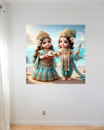Little Krishna and Cute Radha God Wall Poster for Livng Room, Kids Room, Office (Size - 45CM X 45CM)