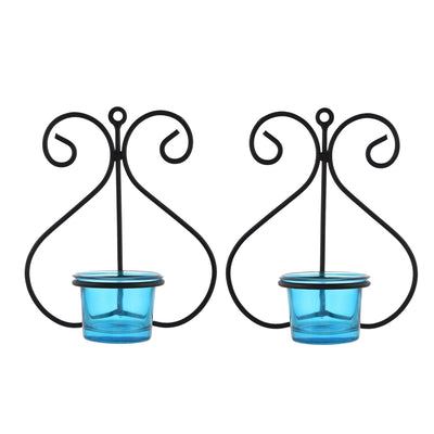 Set of 1 Wall Hanging Tealight Candle Holder Metal Wall Sconce with Glass Cups - Heart Skyblue