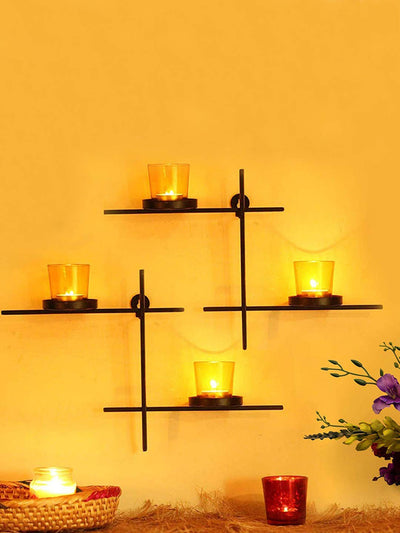 Set of 2 Wall Hanging Tealight Candle Holder Metal Wall Sconce with Glass Cups
