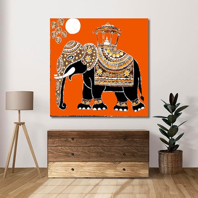 Canvas Print Traditional Art Canvas Paintings, Royal Elephant, Indian Art, Kalamkari Art, Madhubani Art, Canvas painting for Living Room, Rajasthani Art, Unframed, Fabric, Size - 12 X 12 inches.