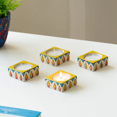 Ceramic Tea Light Candle Holder for Home Decoration - Set of 4, Yellow & White