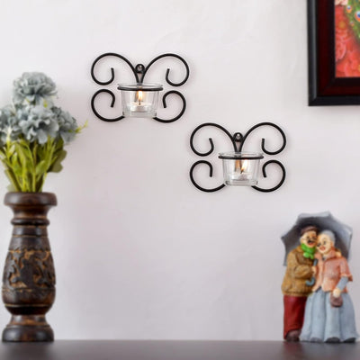 Set of 1 Wall Hanging Tealight Candle Holder Metal Wall Sconce with Glass Cups - Decorations Items for Home Wall Decor - Butterfly White
